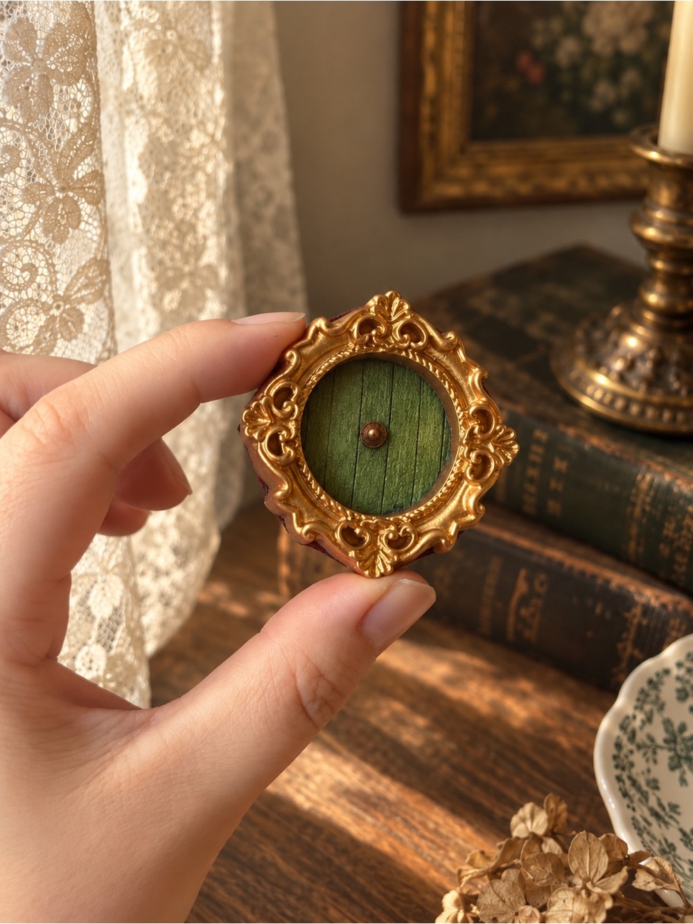 Tiny Hobbit Door Canvas Print in Ornate Gold Frame